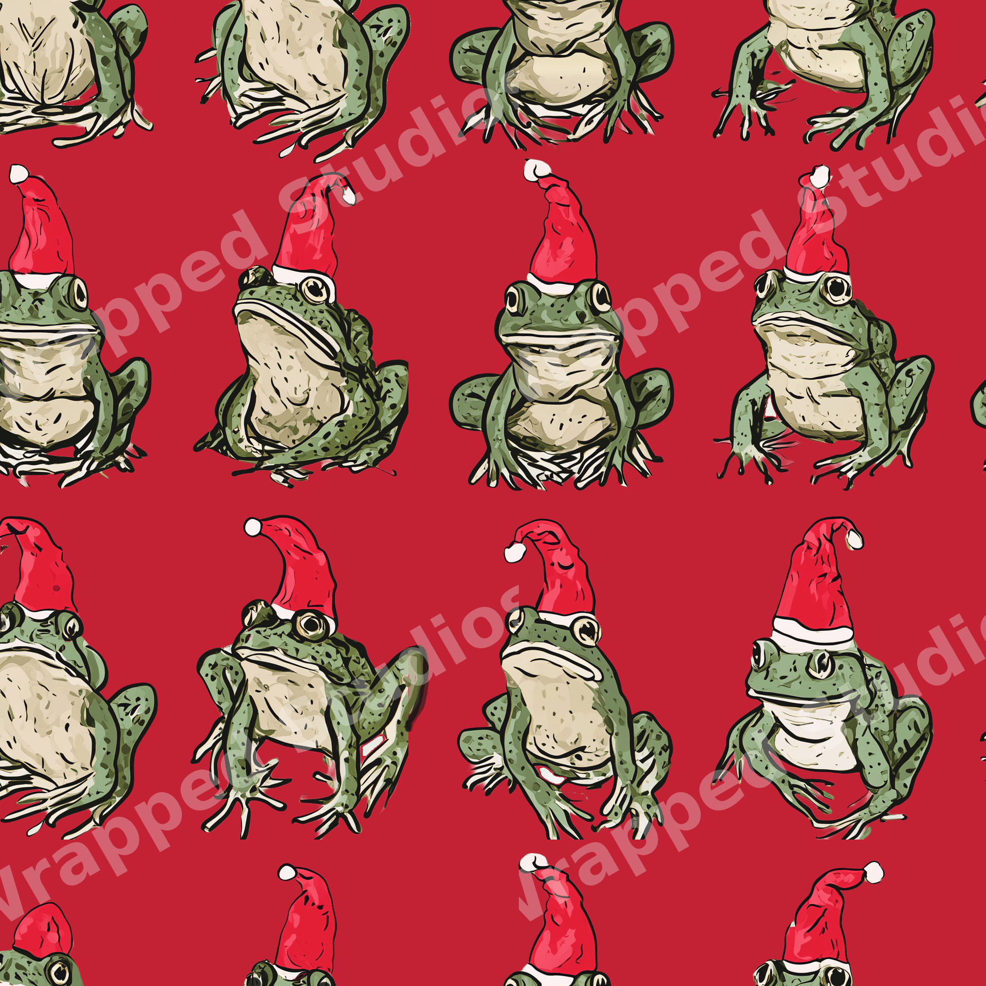 Playful Christmas frog pattern featuring green frogs in Santa hats on a red background.