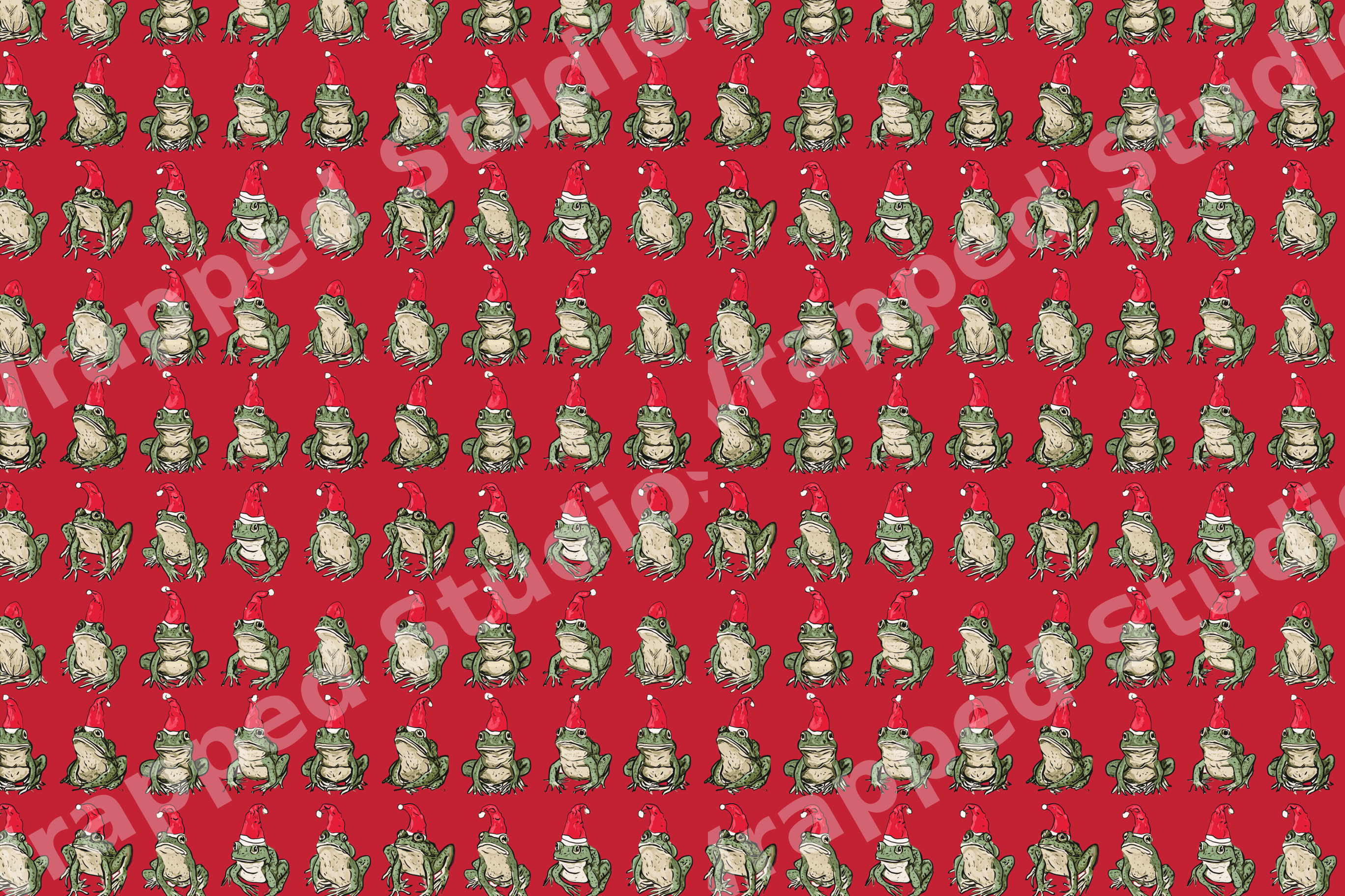 Playful Christmas frog pattern with hand-drawn green frogs wearing Santa hats on a festive red background.