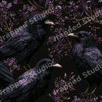 Gothic raven pattern with black crows and vintage dark purple botanical branches on a black background.