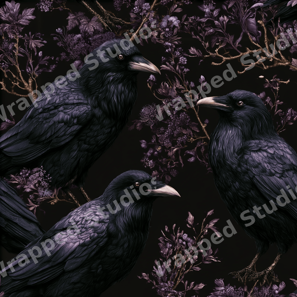 Gothic raven pattern with black crows and vintage dark purple botanical branches on a black background.