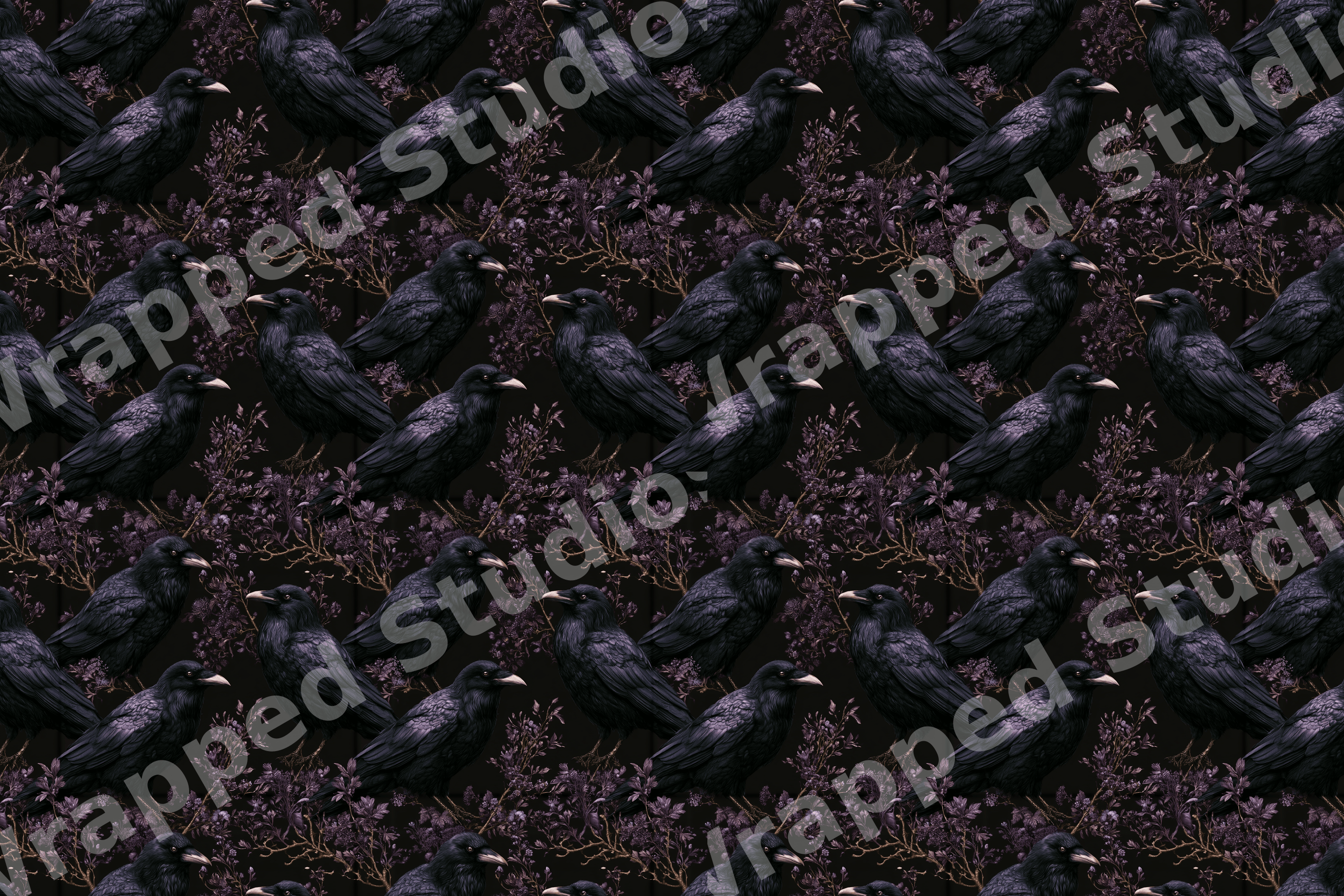Gothic seamless pattern featuring black ravens and crows among dark purple vintage botanical branches.