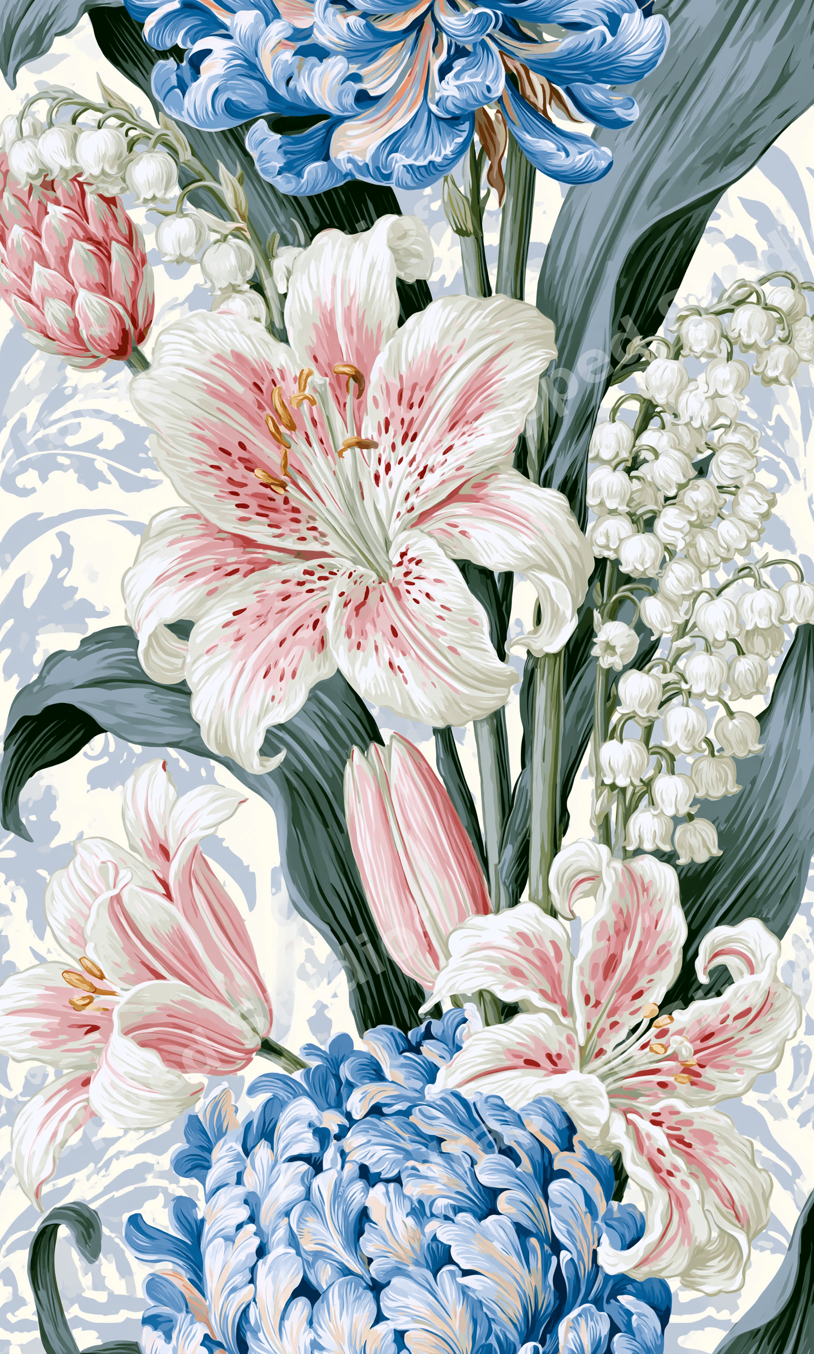 Vintage botanical floral pattern with pink lilies and blue chrysanthemums on a cream background.