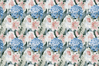 Vintage botanical floral pattern with elegant blue chrysanthemums, pink lilies, and green foliage.
