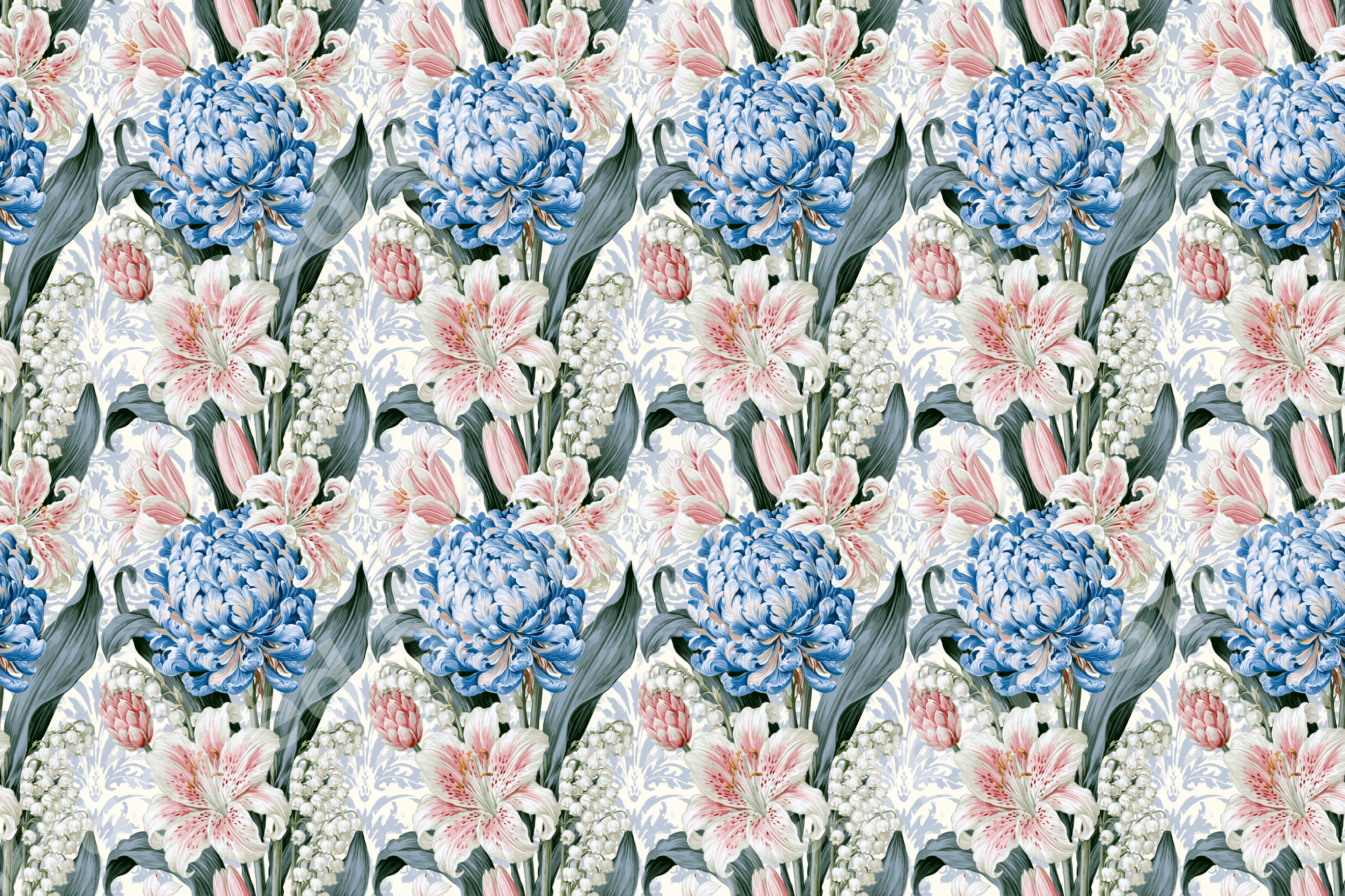Vintage botanical floral pattern with elegant blue chrysanthemums, pink lilies, and green foliage.