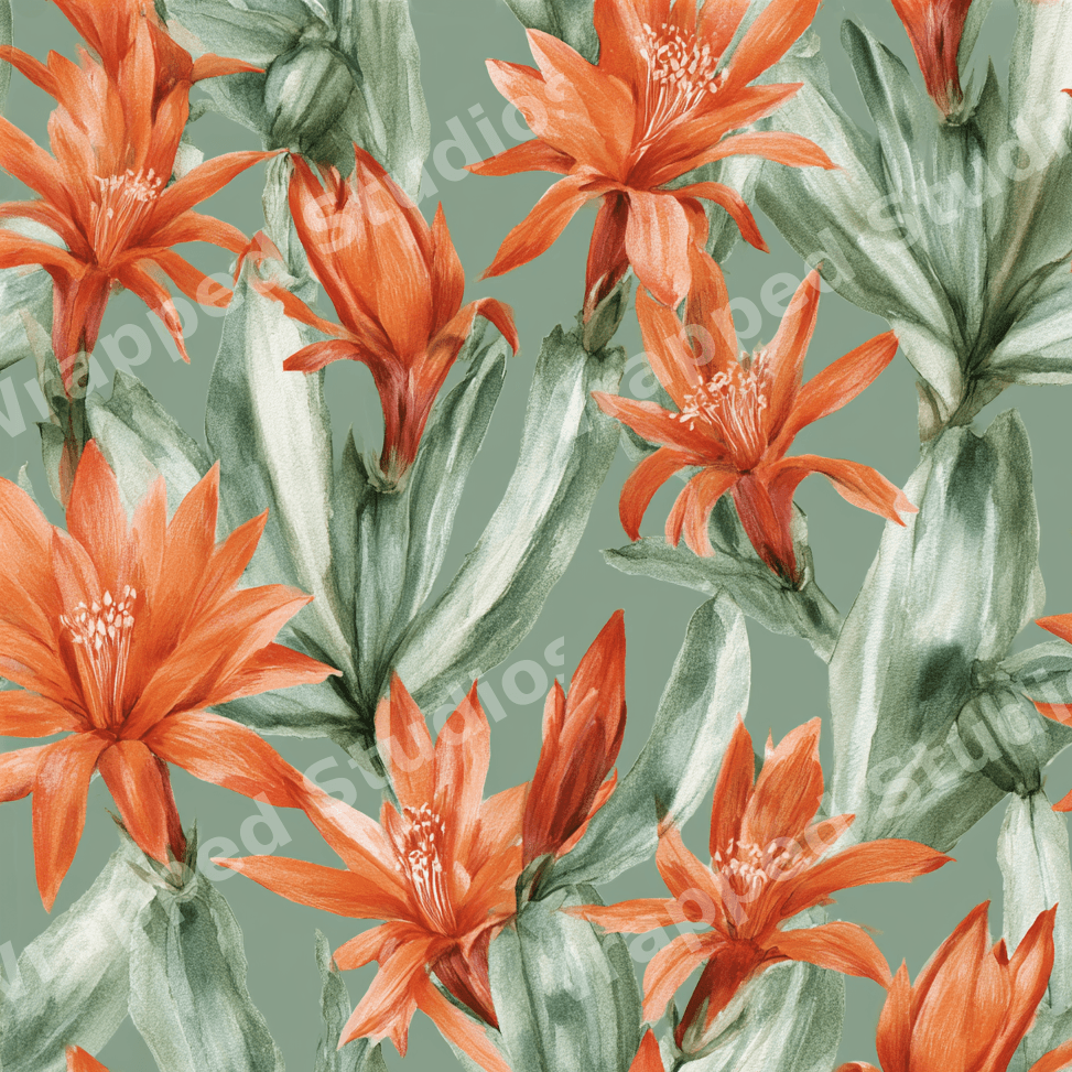 Vintage botanical floral pattern with orange Christmas cactus flowers and sage green leaves.