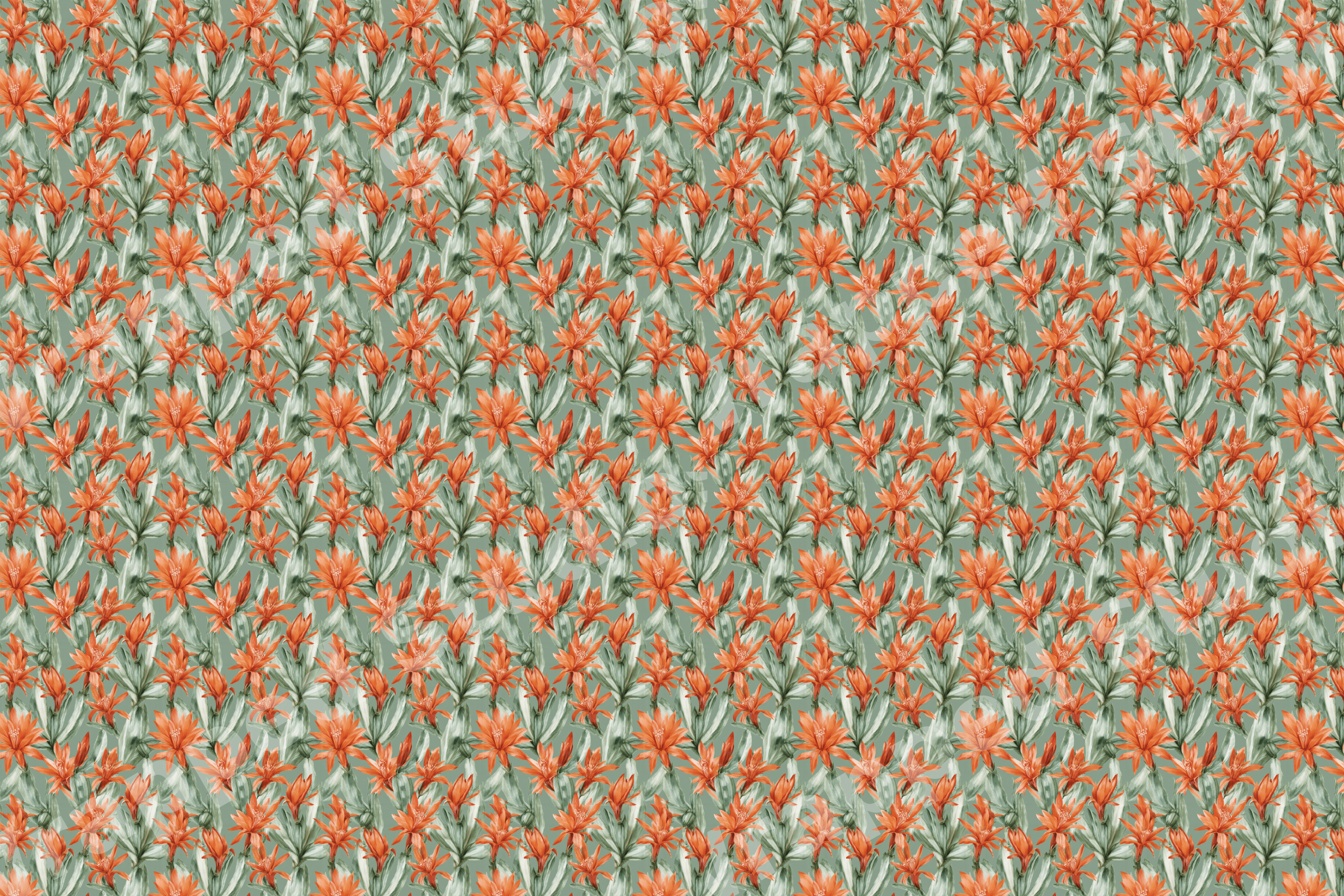 Seamless vintage botanical floral pattern featuring orange flowers and sage green foliage.