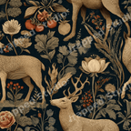 Vintage botanical pattern featuring woodland deer, flowers, and berries on a dark background.