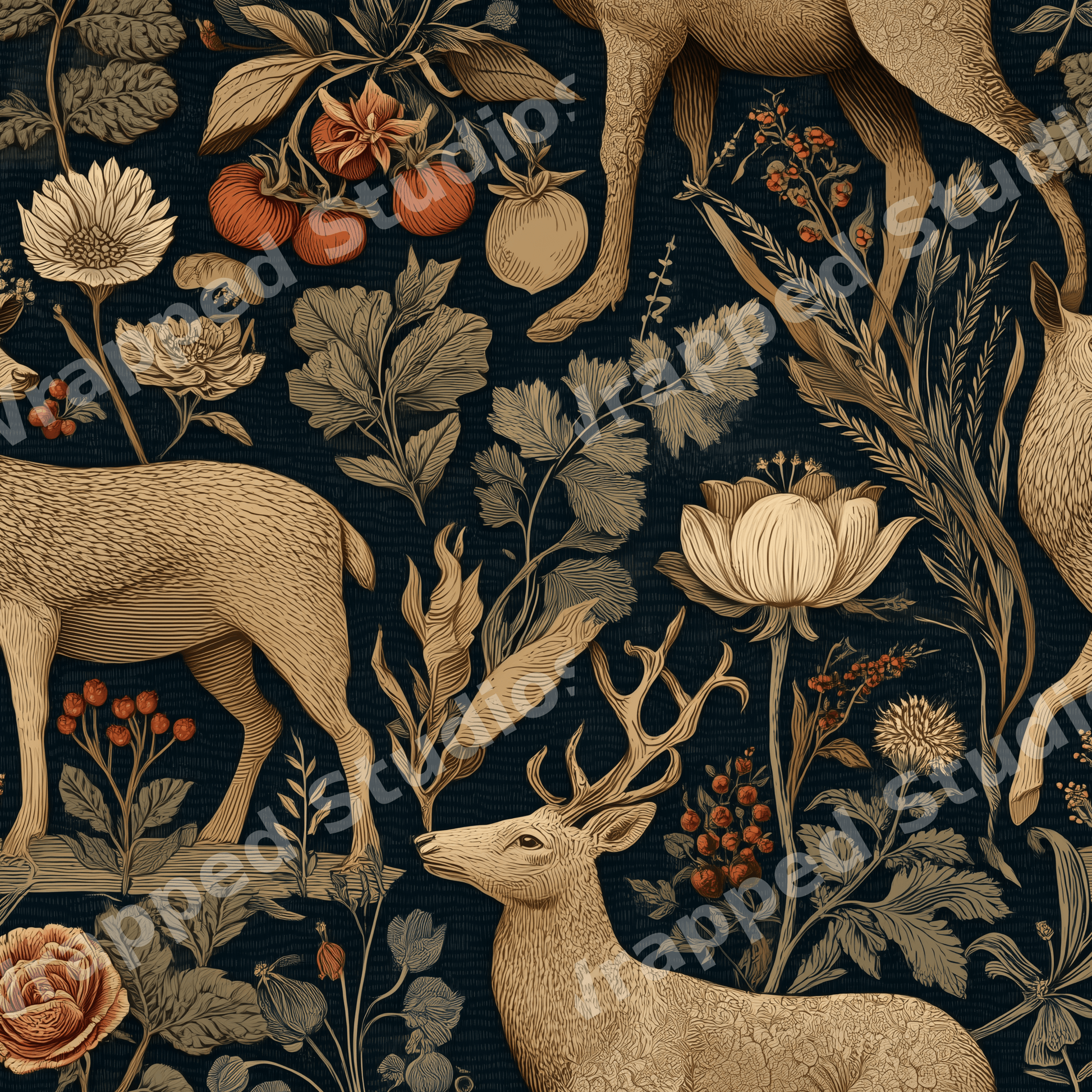 Vintage botanical pattern featuring woodland deer, flowers, and berries on a dark background.