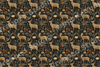 Vintage woodland pattern with deer and botanical floral motifs on a dark background.
