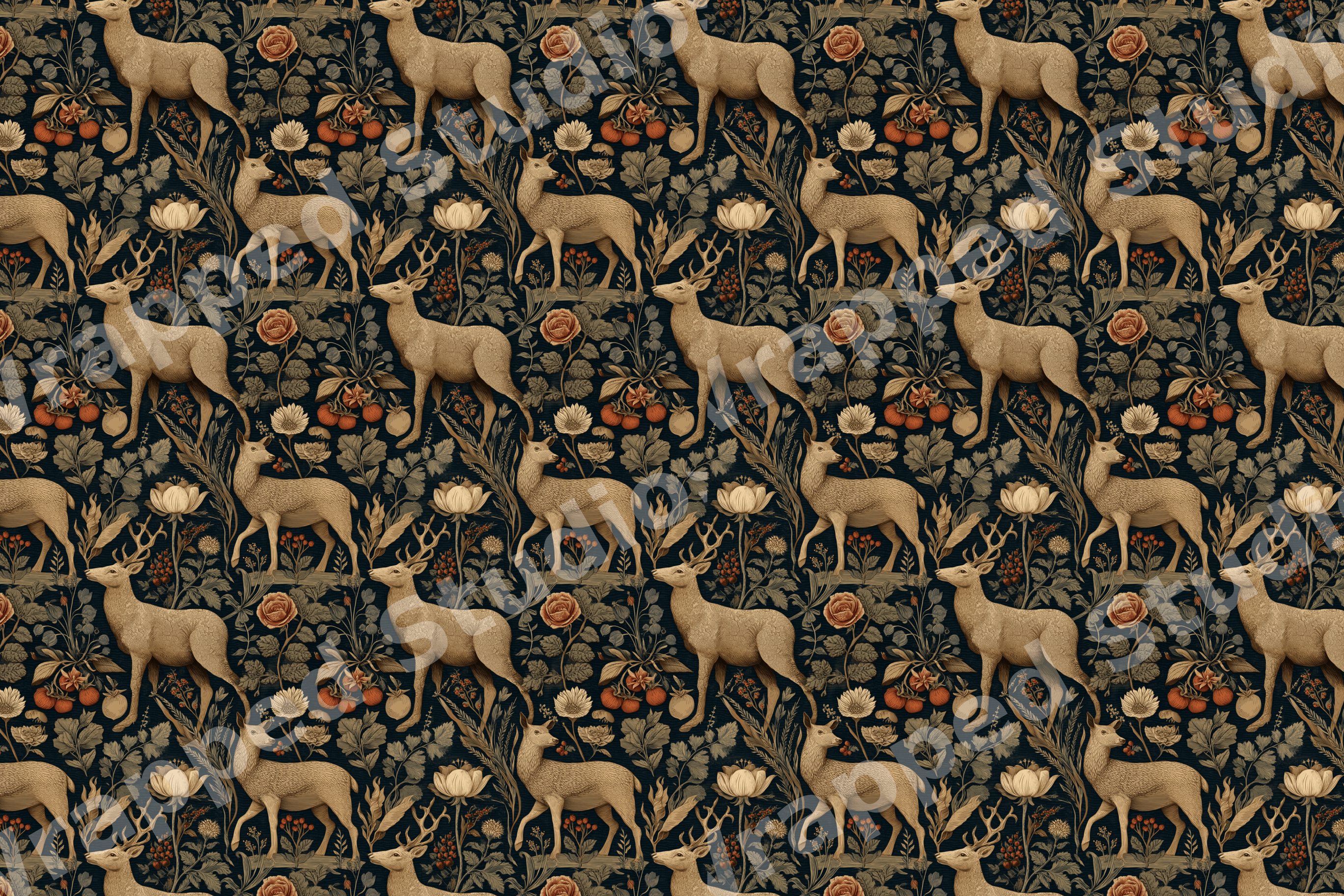 Vintage woodland pattern with deer and botanical floral motifs on a dark background.