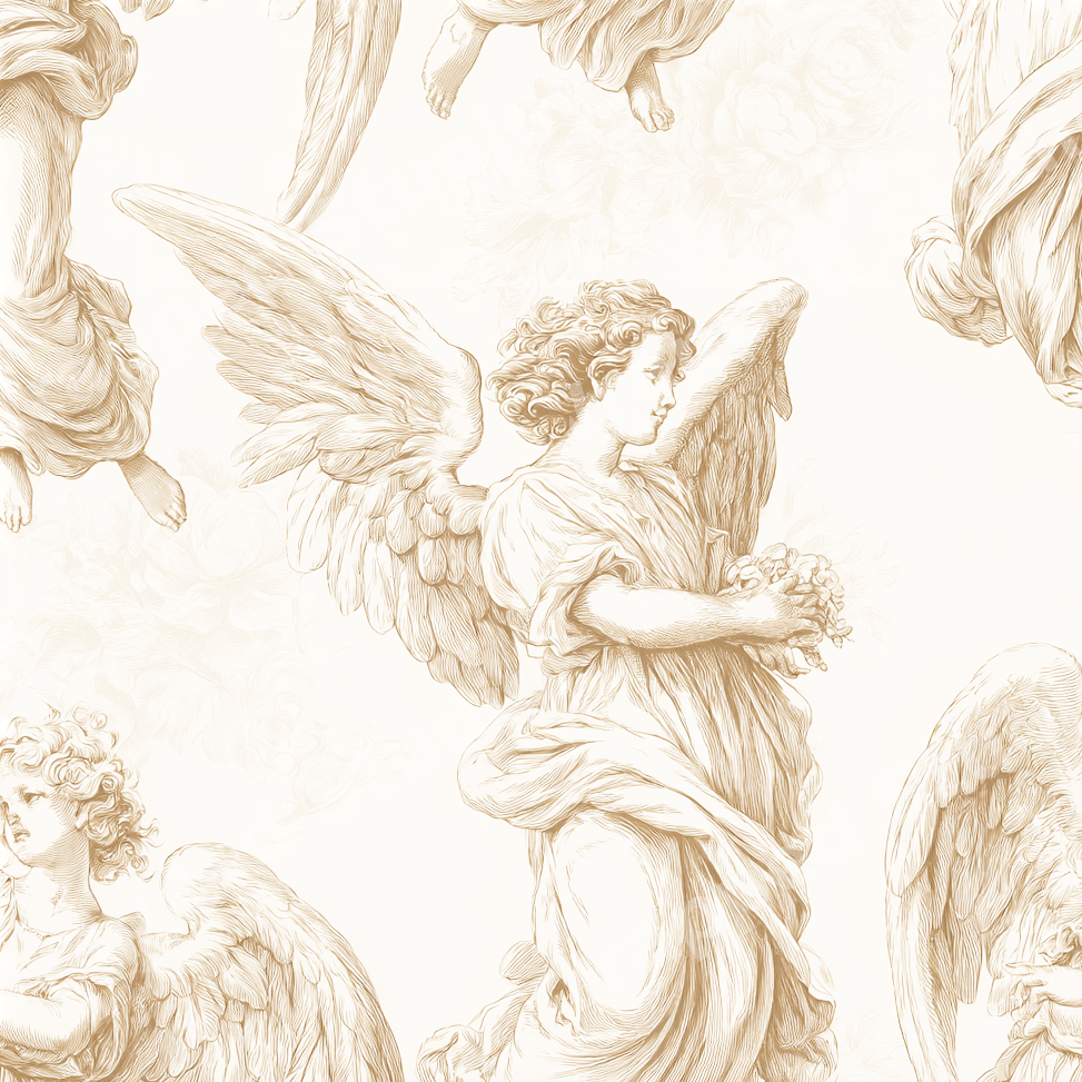 Vintage angel pattern featuring classical renaissance cherubs in an elegant cream and gold toile design.