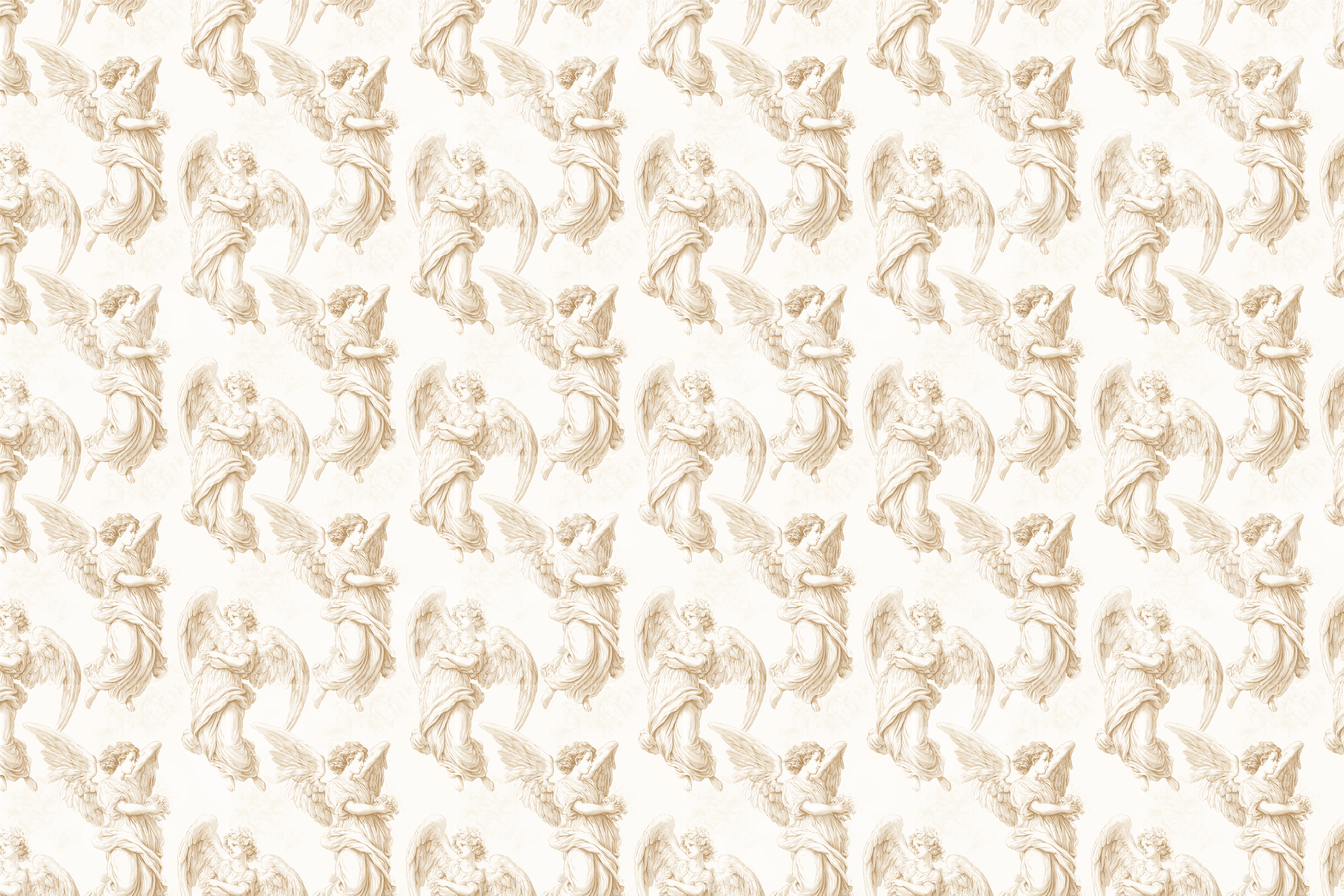 Vintage Renaissance angel pattern with sepia illustrations on a cream background.