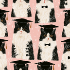 Playful graduation cat pattern with black and white tuxedo cats wearing mortarboard caps on a pink background.