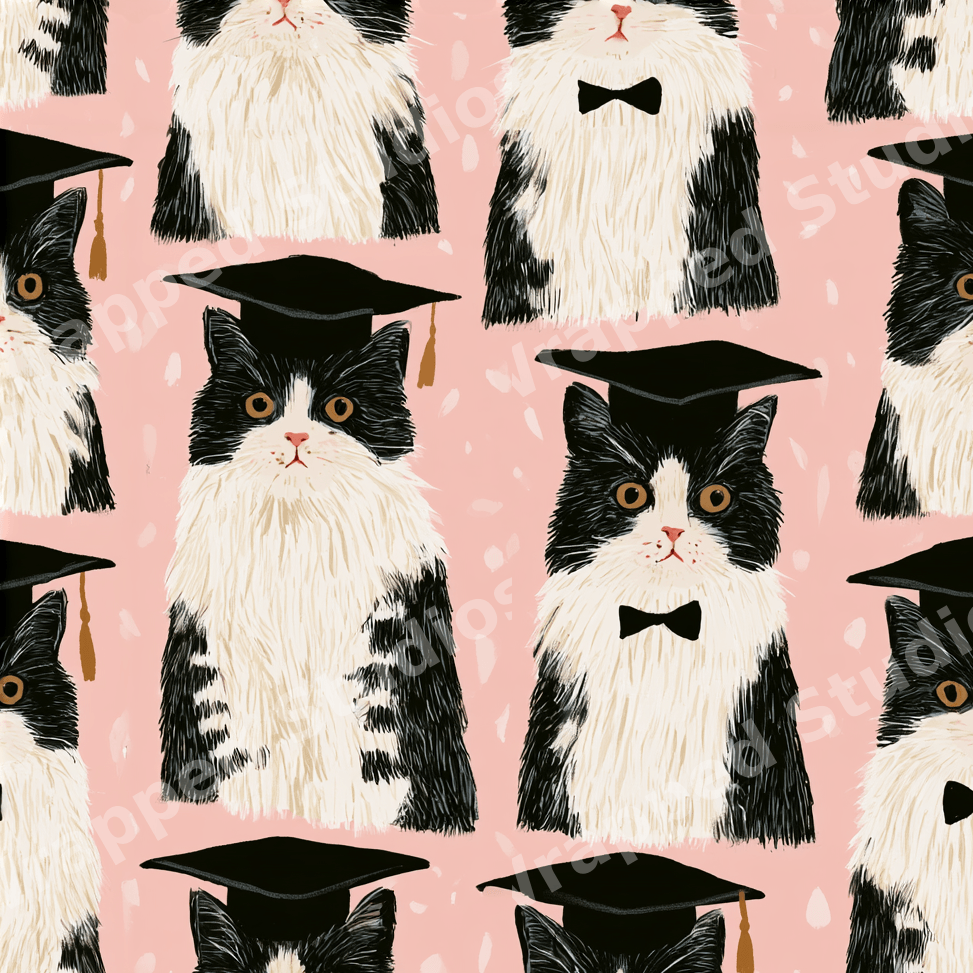 Playful graduation cat pattern with black and white tuxedo cats wearing mortarboard caps on a pink background.