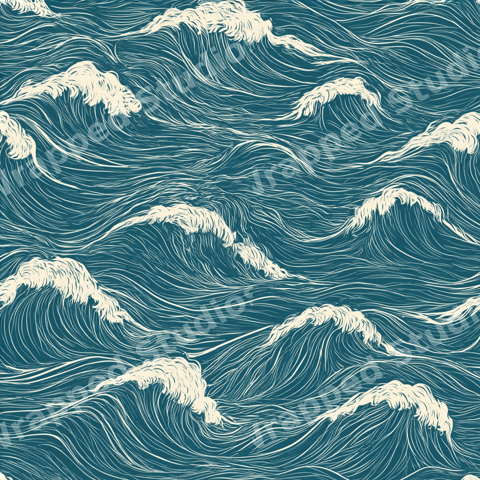 Seamless vintage Japanese wave pattern with cream ocean waves on a teal background.
