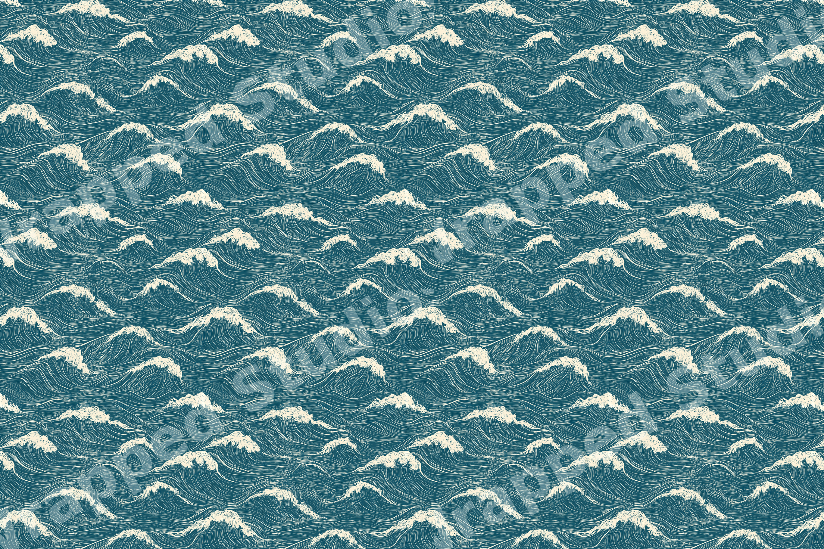 Vintage Japanese style wave pattern with cream ocean wave line art on a teal background.