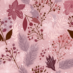 Dusty rose floral pattern with berry sprigs and fern leaves creates a vintage botanical design.