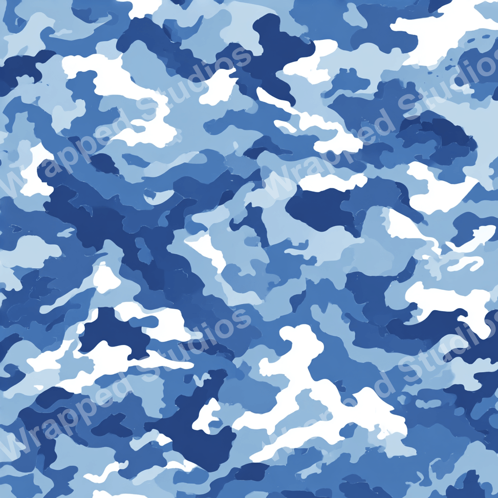 Blue camouflage pattern design for wrapping paper. Wrapped Studios watermark over image.