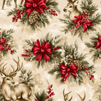 Vintage Christmas pattern with hand-painted deer, pine needles, pinecones, and festive red bows.