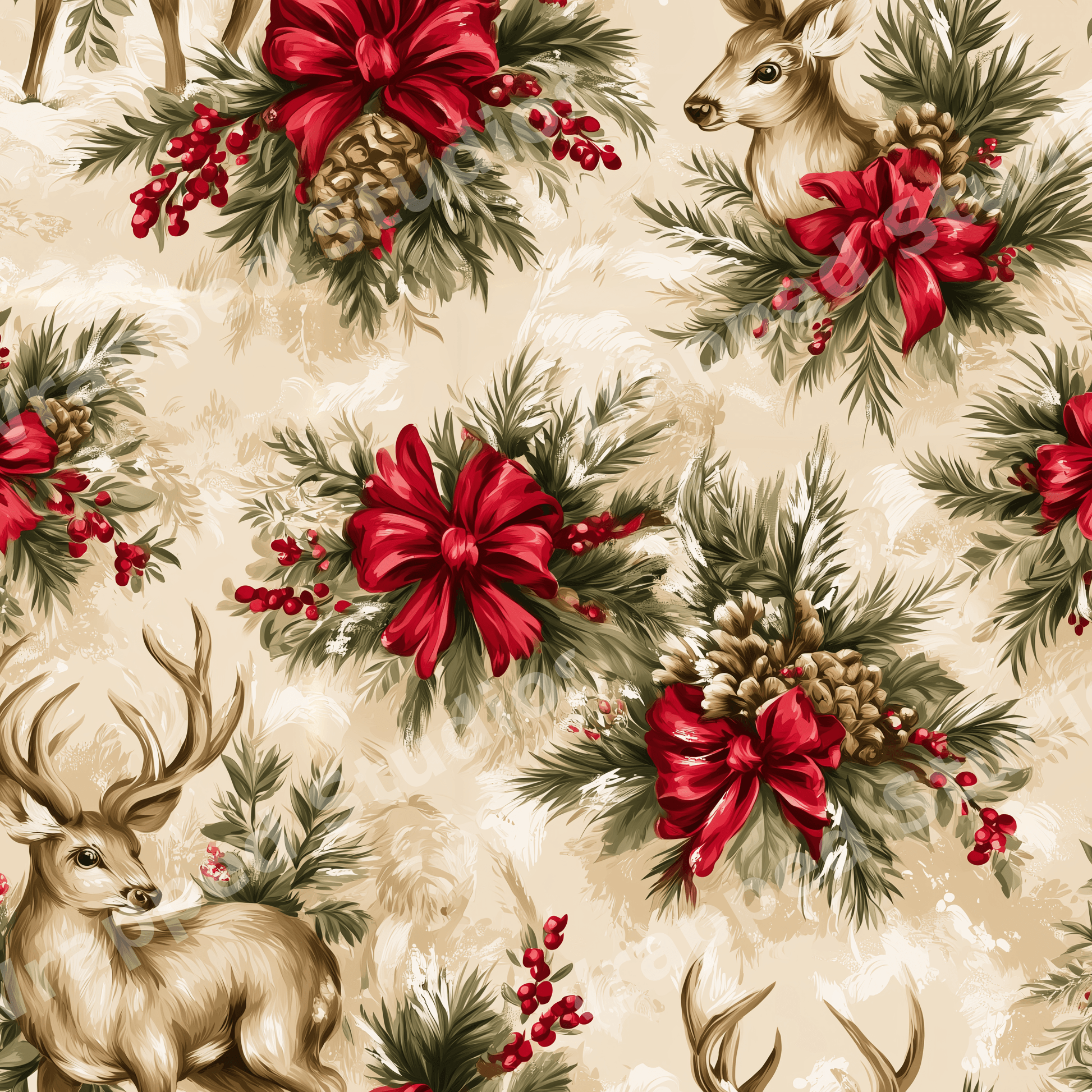 Vintage Christmas pattern with hand-painted deer, pine needles, pinecones, and festive red bows.