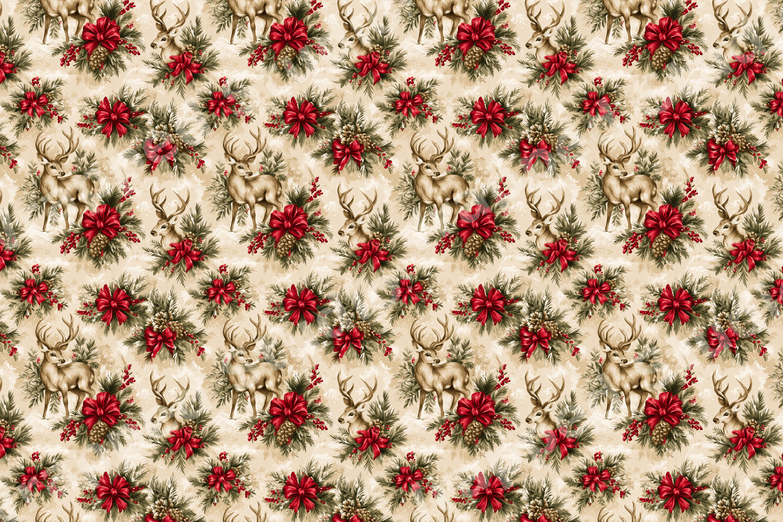 Vintage Christmas pattern with rustic stags, pine needles, and festive red bows on a cream background.