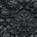 Intricate black baroque floral pattern with 3D-sculpted gothic damask medallions and ornate scrollwork.