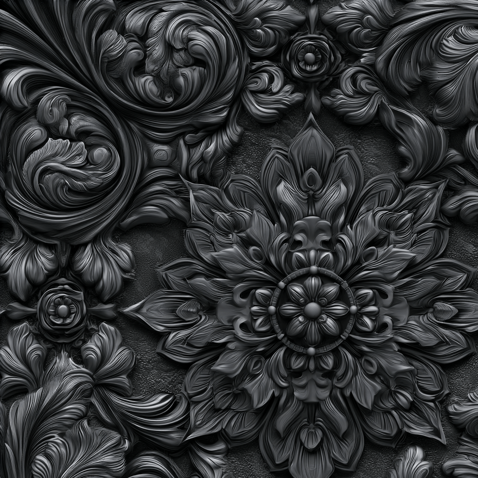 Intricate black baroque floral pattern with 3D-sculpted gothic damask medallions and ornate scrollwork.