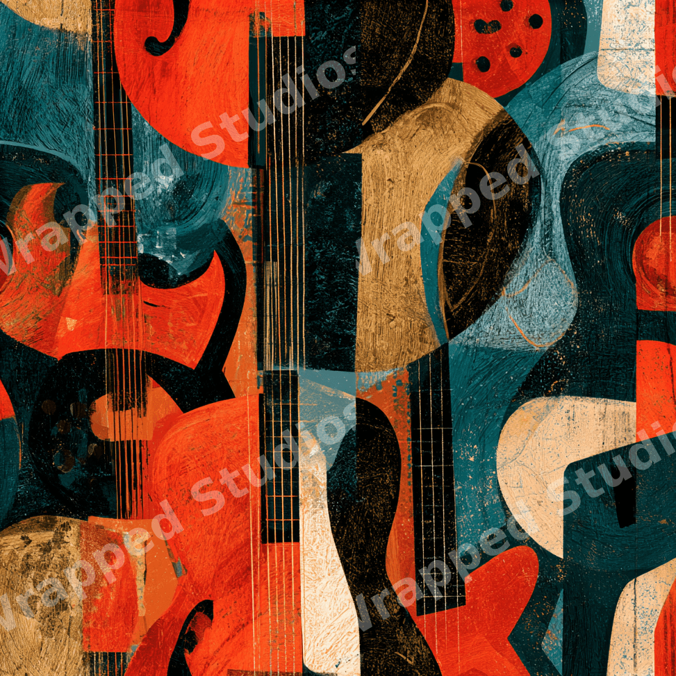 Modern abstract print featuring a seamless retro guitar pattern in textured teal, orange, and gold.