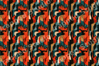 Retro mid-century modern guitar pattern featuring abstract musical instruments in teal, orange, and gold.