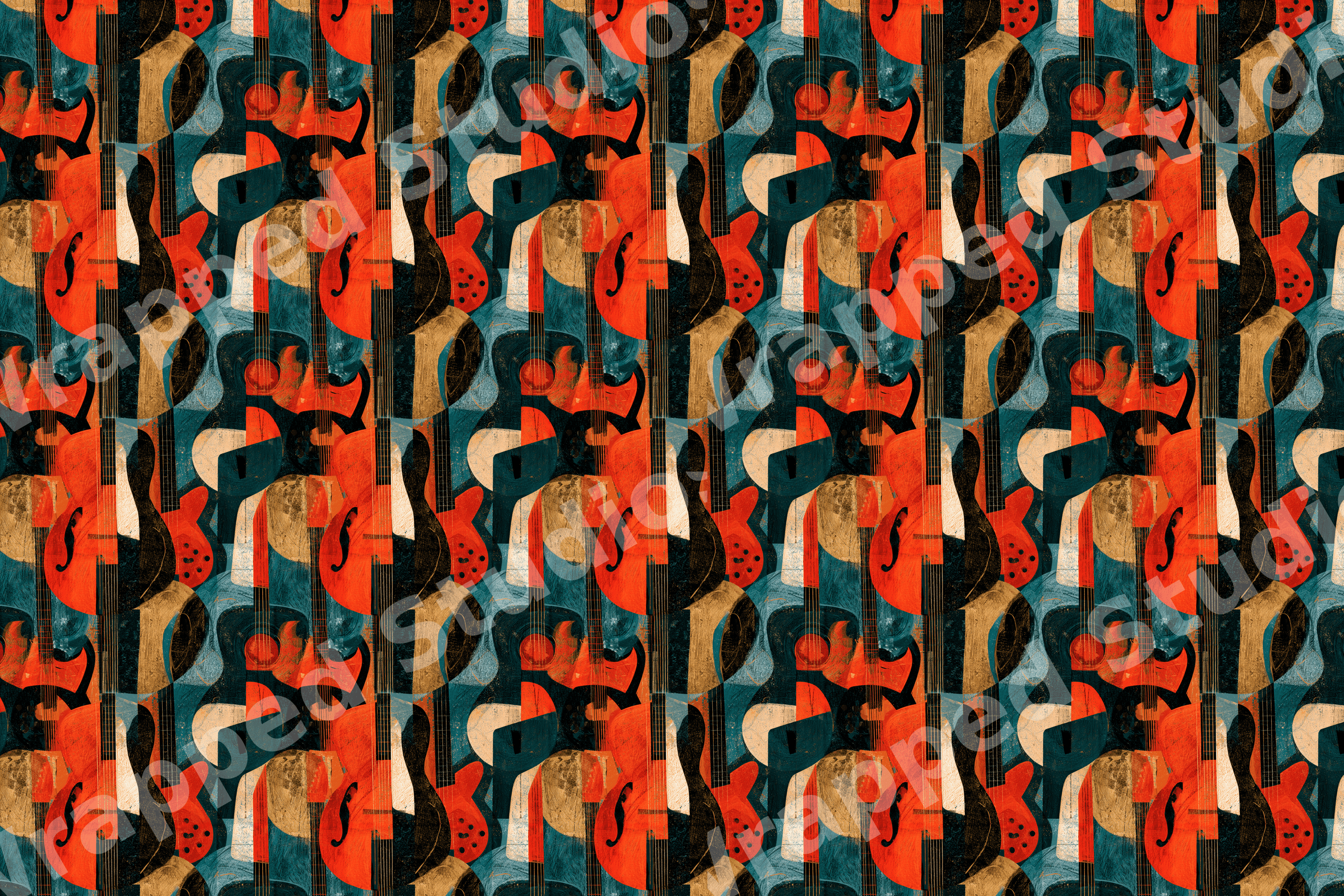 Retro mid-century modern guitar pattern featuring abstract musical instruments in teal, orange, and gold.