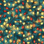 Festive holiday lights pattern with red, yellow, and orange bulbs on a teal background.