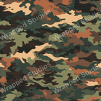 Seamless camouflage pattern with abstract shapes in green, brown, and tan hues.