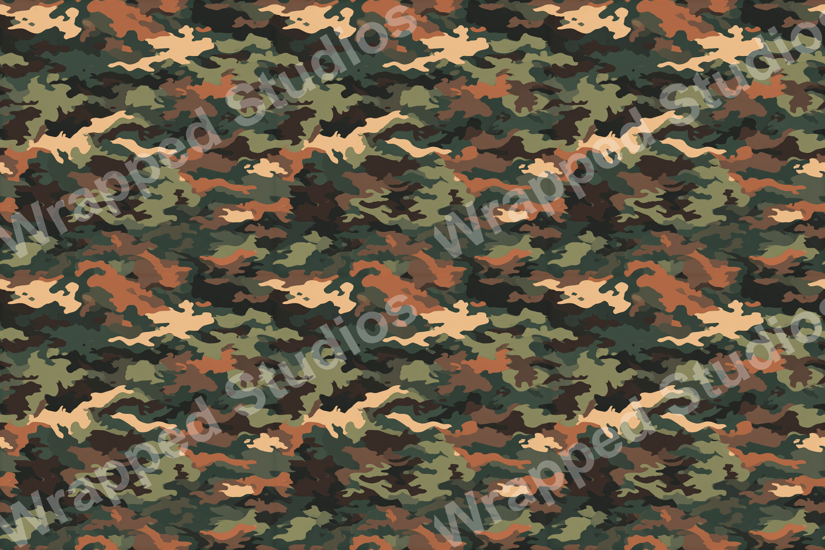 Seamless camouflage pattern in shades of green, brown, and beige.