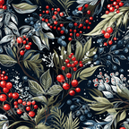 Vintage botanical design featuring red winter berries and sage green foliage on a dark background.