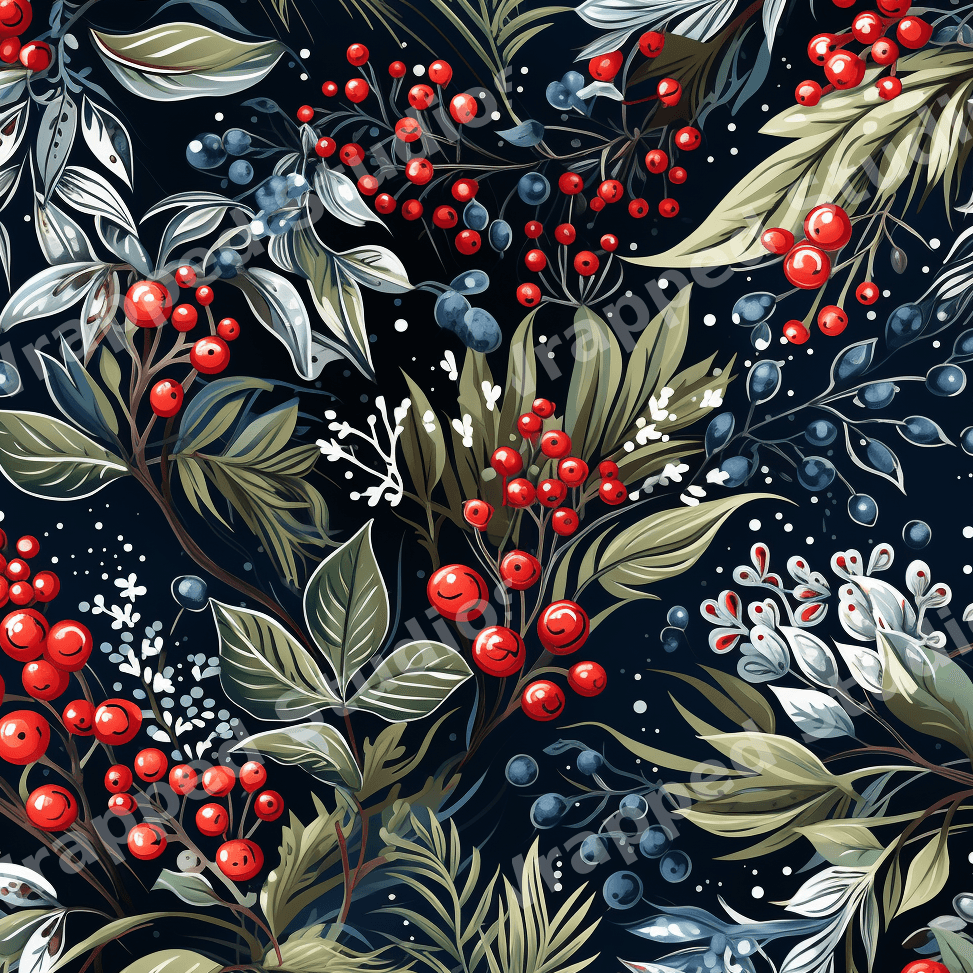 Vintage botanical design featuring red winter berries and sage green foliage on a dark background.