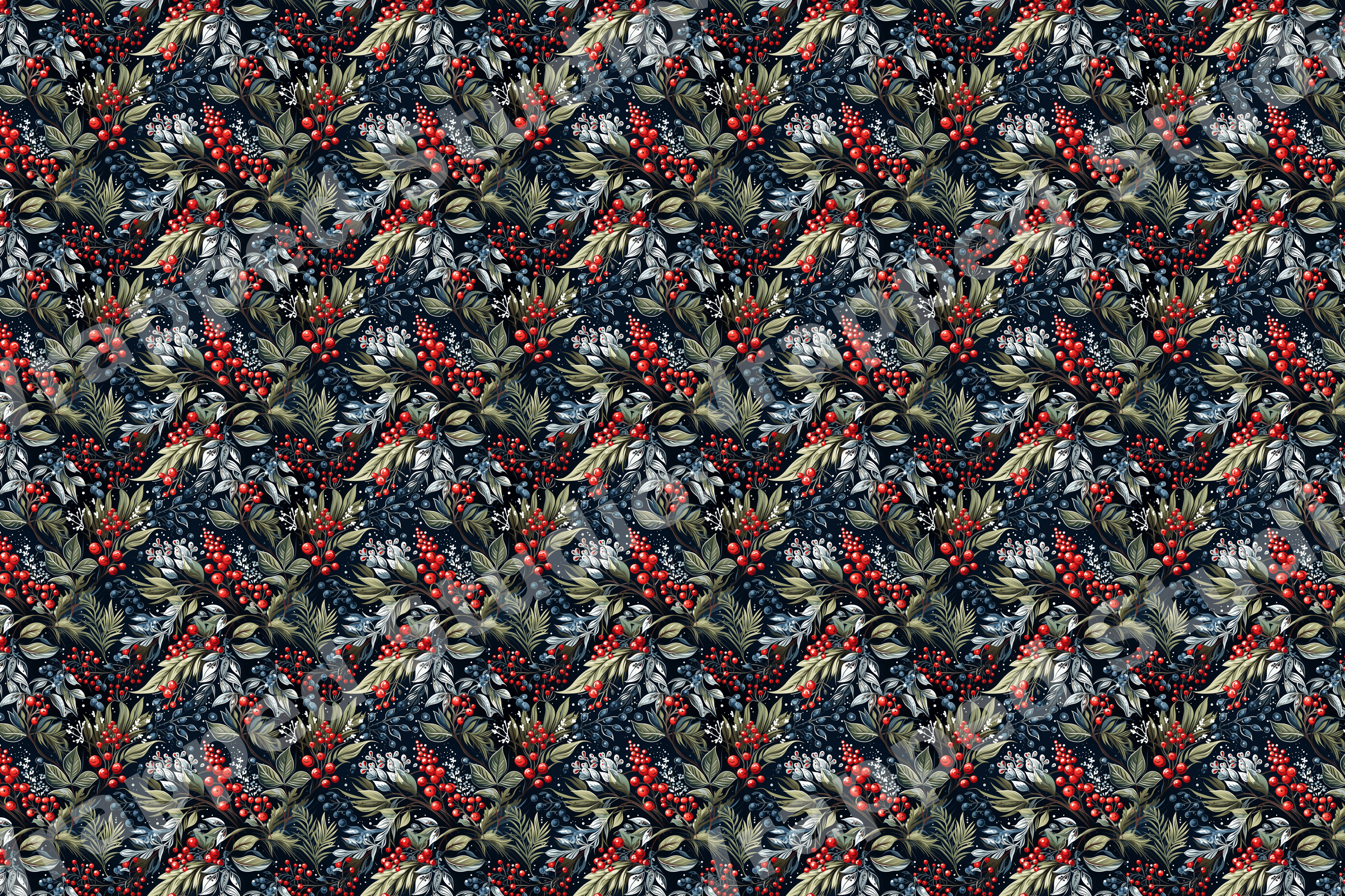 Elegant vintage botanical pattern of red winter berries and green leaves on a dark navy background.