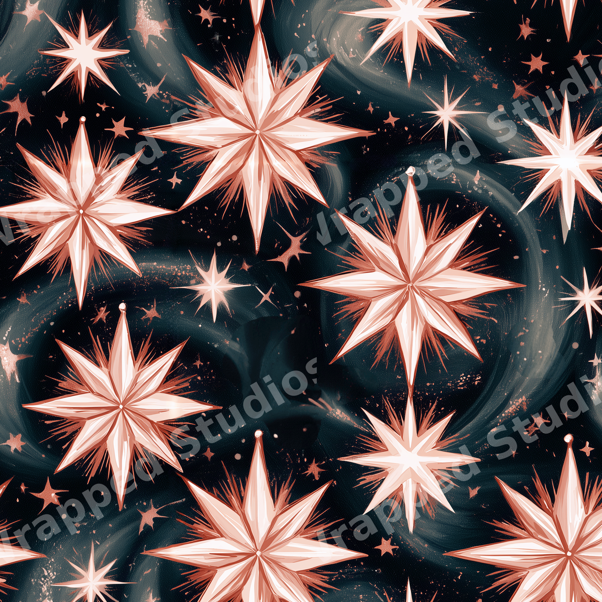 Elegant celestial star pattern with rose gold starbursts on a dark teal galaxy background.