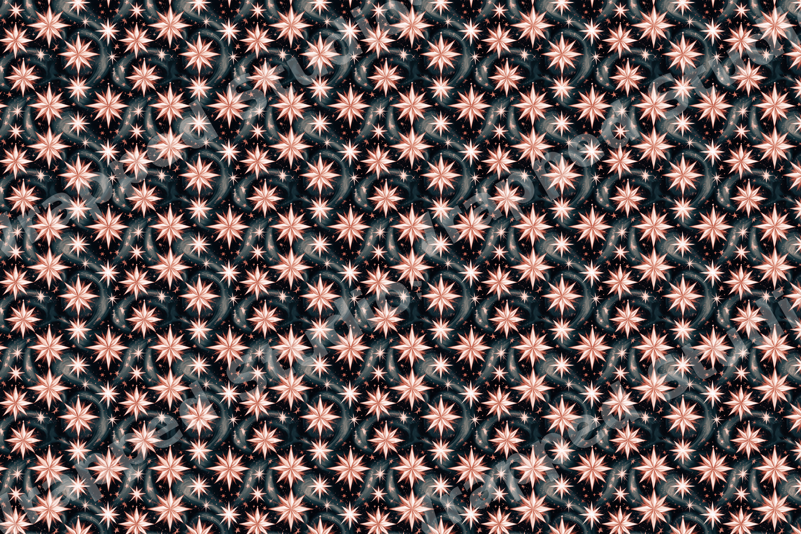 Elegant celestial star pattern featuring rose gold starbursts on a dark textured night sky background.