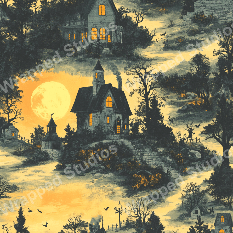 Whimsical Halloween pattern featuring haunted houses, bare trees, and bats in shades of gray and golden yellow.
