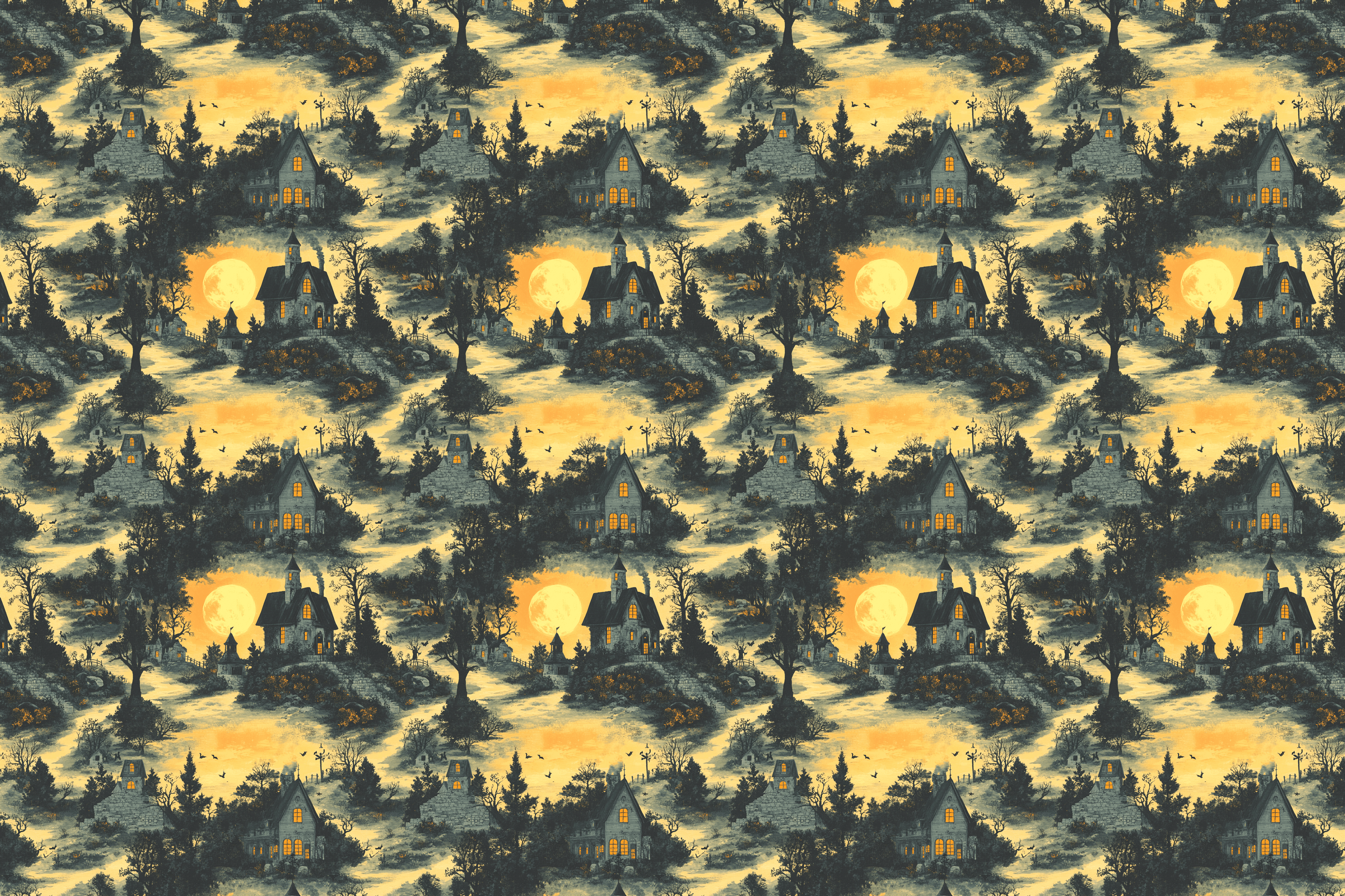 Pattern of small houses and trees with glowing lights on a dark background. Wrapped Studios luxury wrapping paper.