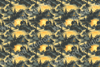 Seamless haunted house pattern with silhouetted trees, birds, and a yellow full moon on a golden backdrop.