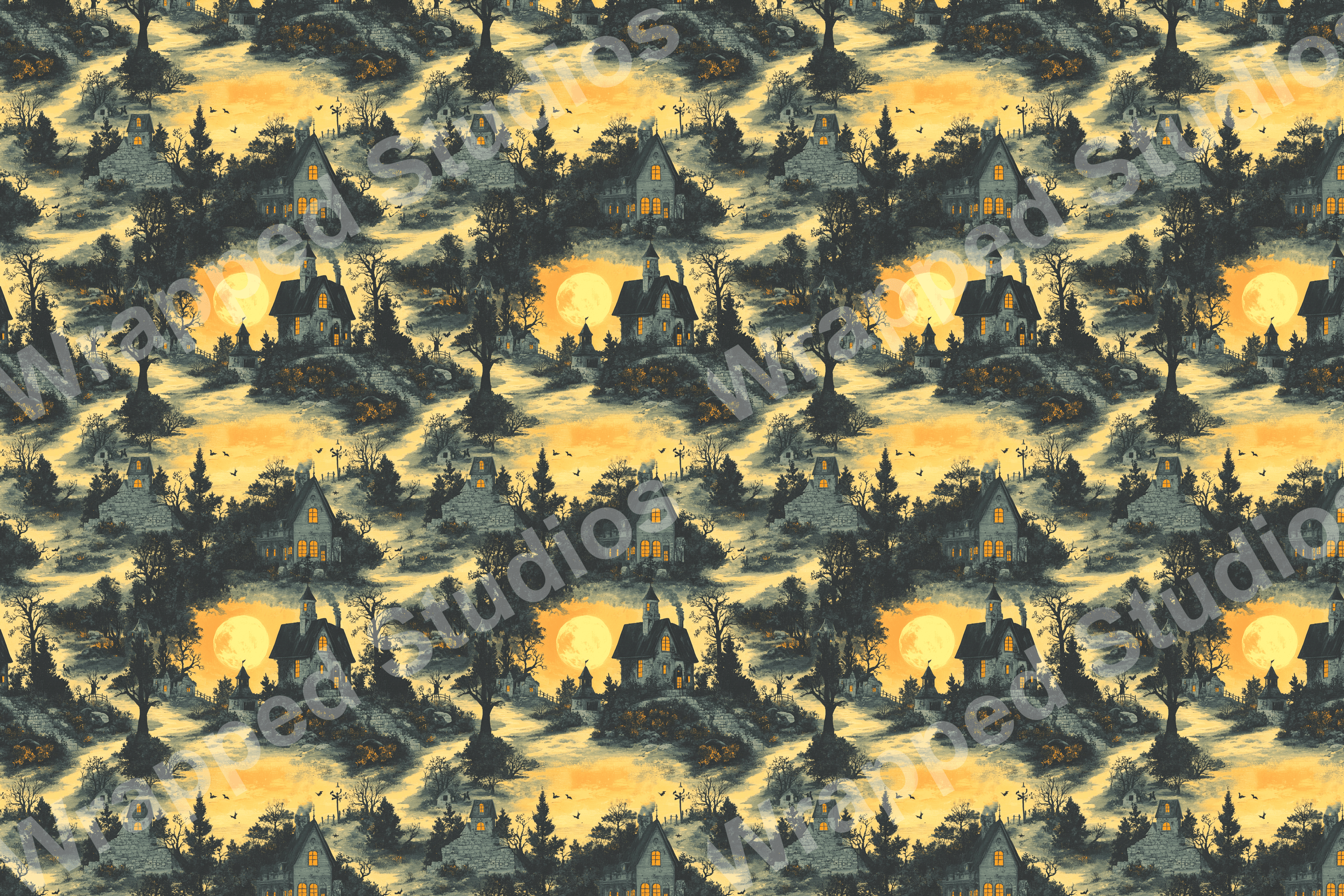 Seamless haunted house pattern with silhouetted trees, birds, and a yellow full moon on a golden backdrop.