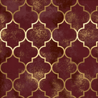 Elegant gold and burgundy Moroccan quatrefoil geometric pattern with distressed metallic texture.
