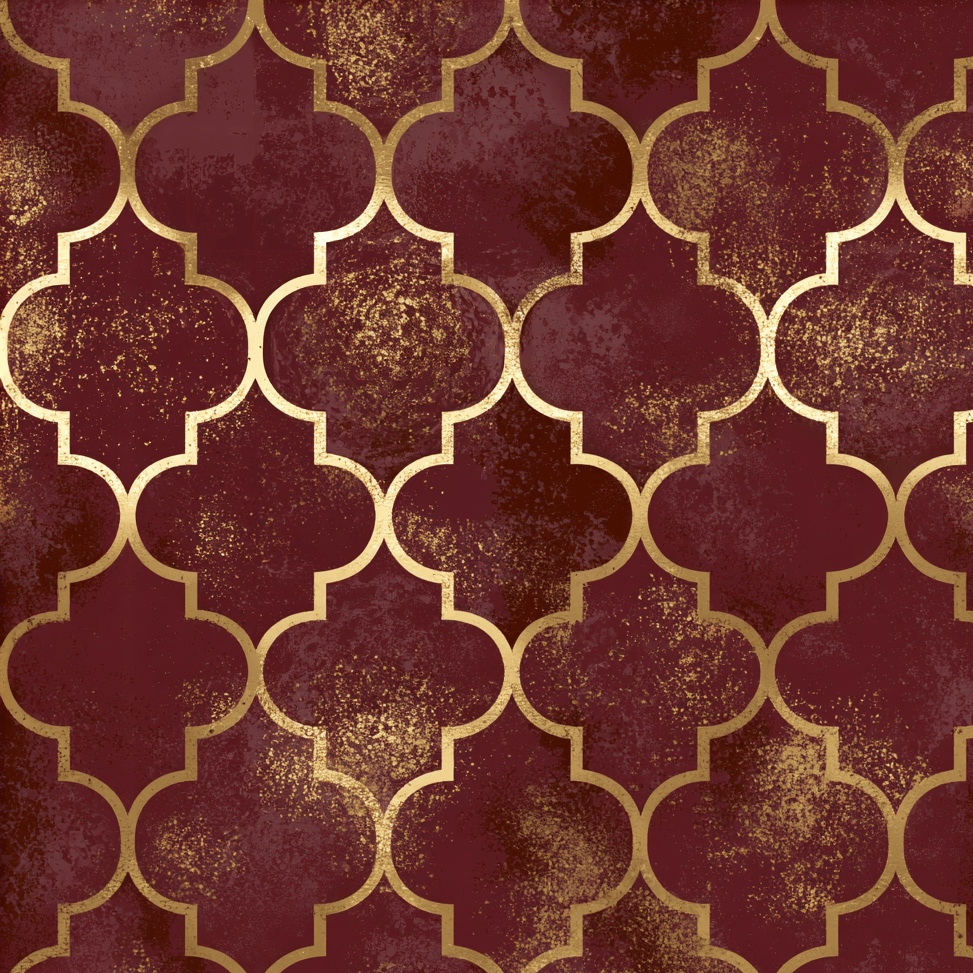 Elegant gold and burgundy Moroccan quatrefoil geometric pattern with distressed metallic texture.