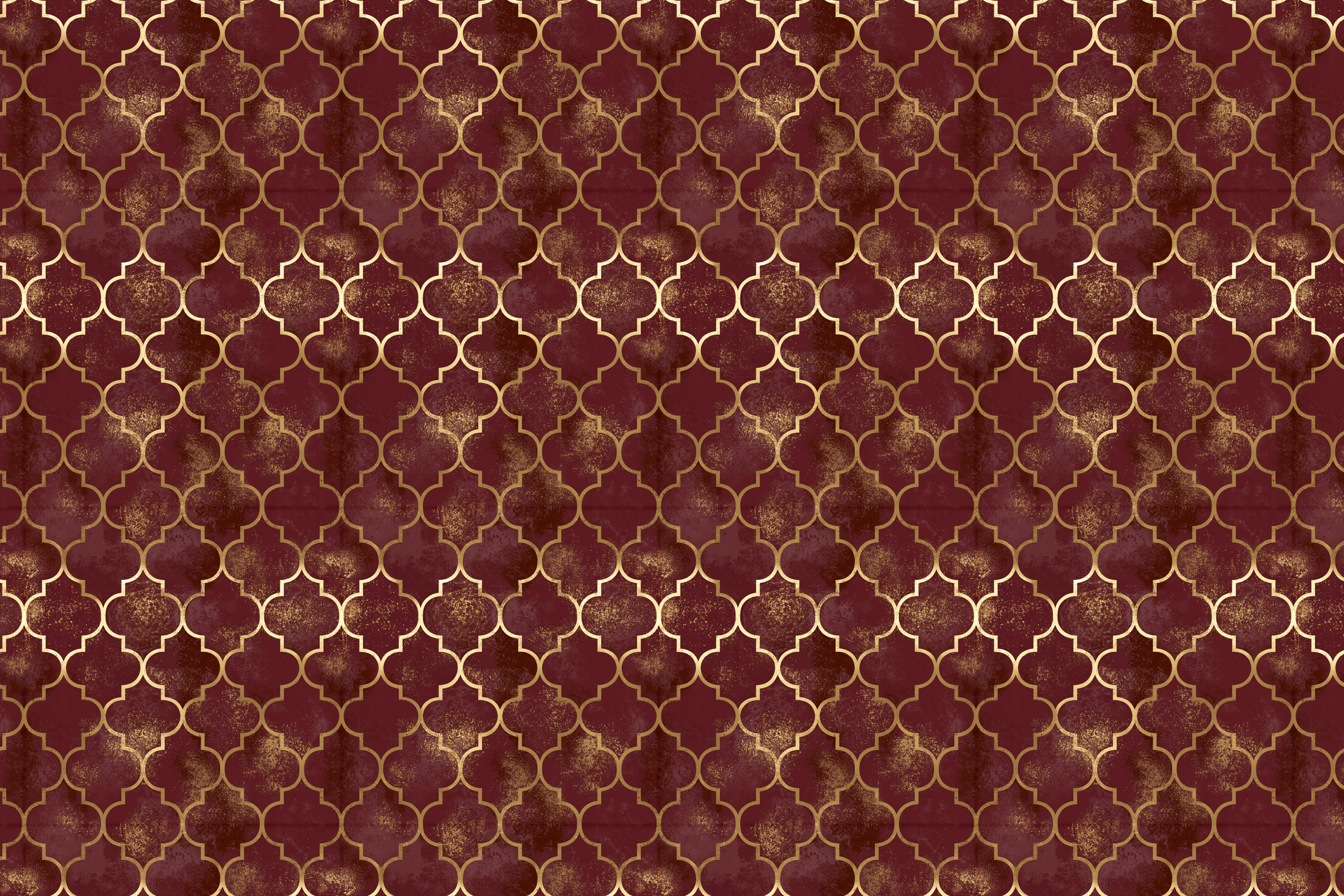 Elegant gold Moroccan trellis geometric pattern on a distressed burgundy background.