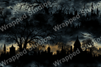 Seamless spooky pattern featuring silhouettes of haunted buildings, trees, and bats in shades of black, blue, and grey.