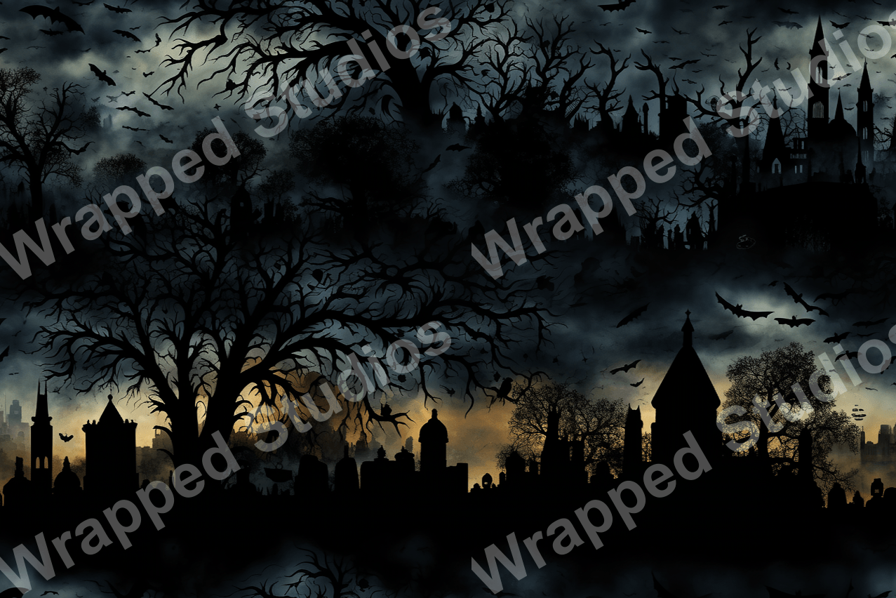 Seamless spooky pattern featuring silhouettes of haunted buildings, trees, and bats in shades of black, blue, and grey.