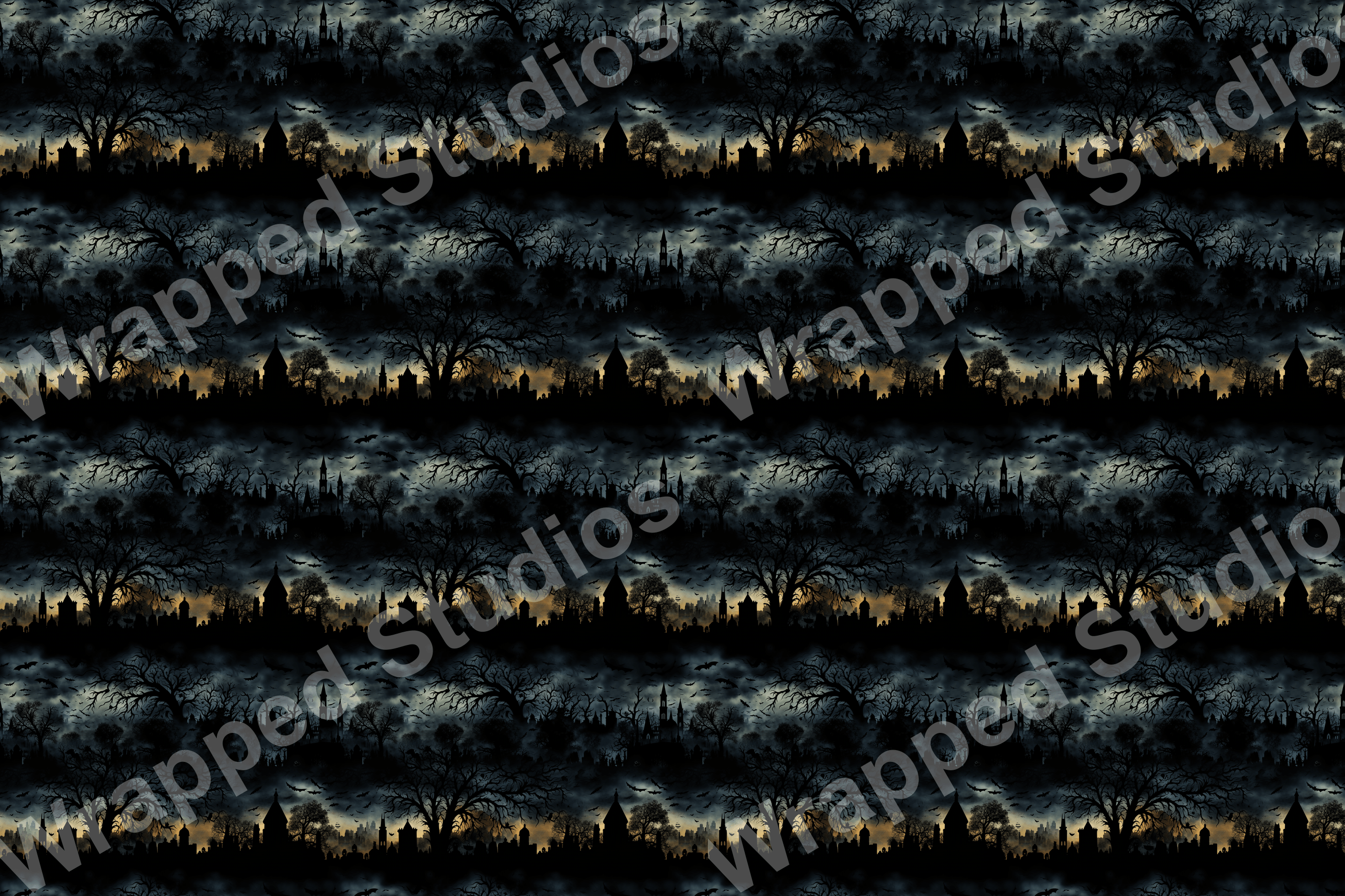 Dark Halloween pattern with silhouette trees, bats, and spooky buildings.