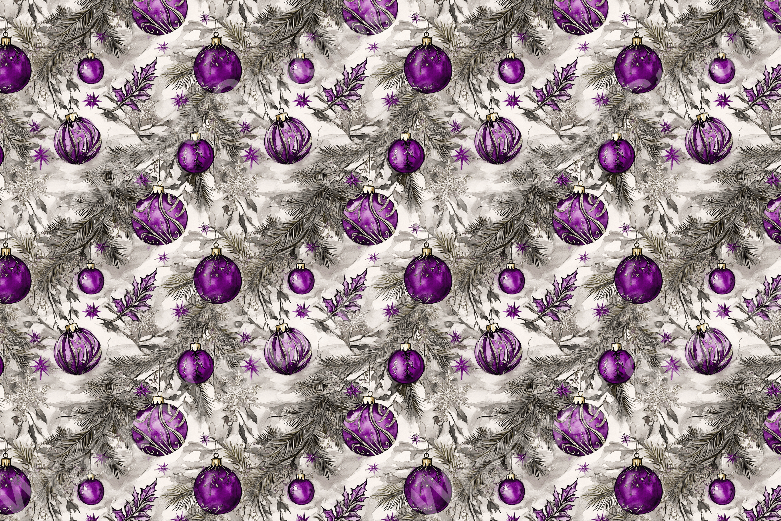 Repeat pattern of purple ornaments, snowflakes, and gray evergreen sprigs.