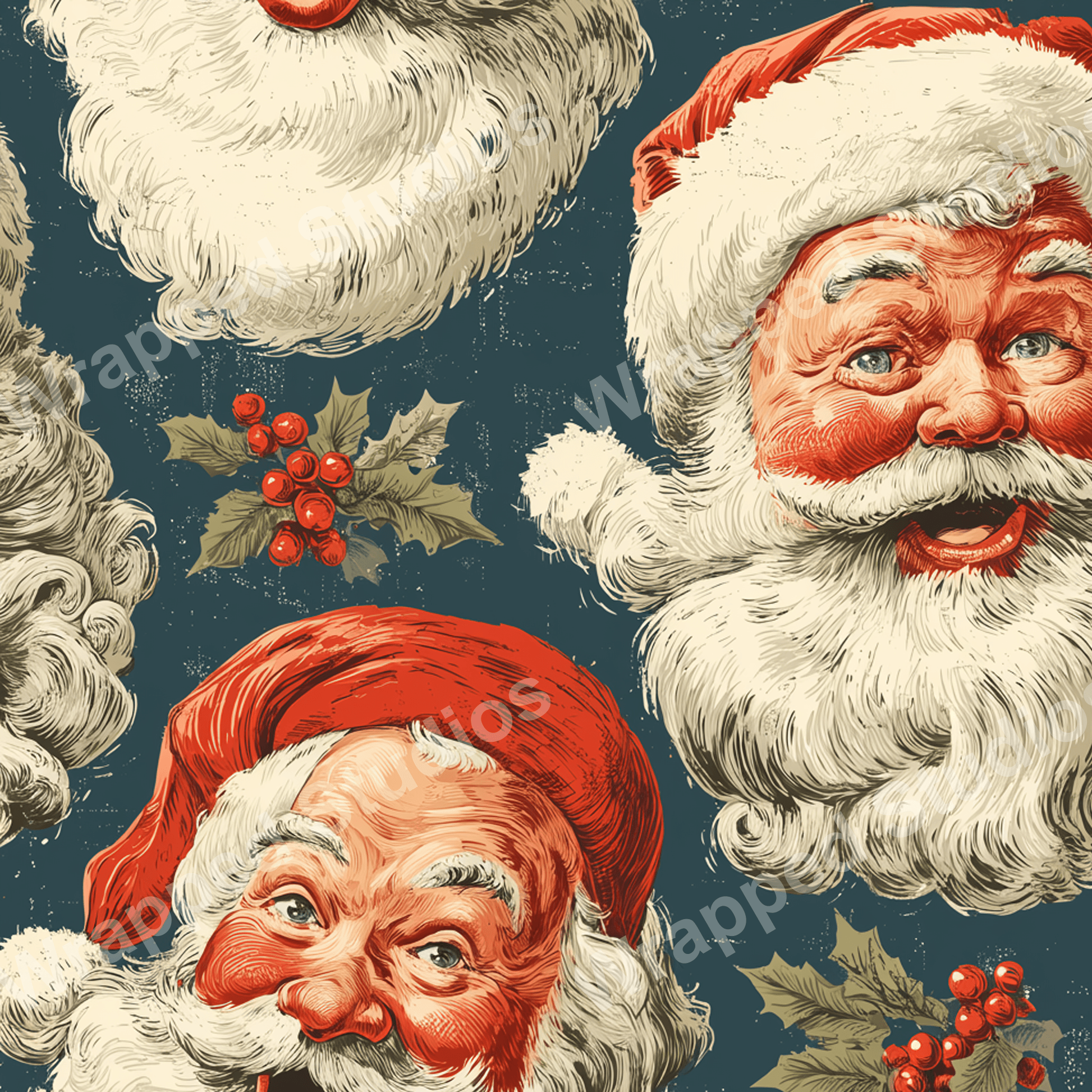 Seamless holiday pattern featuring vintage Santa faces and holly berries on a dark teal background.